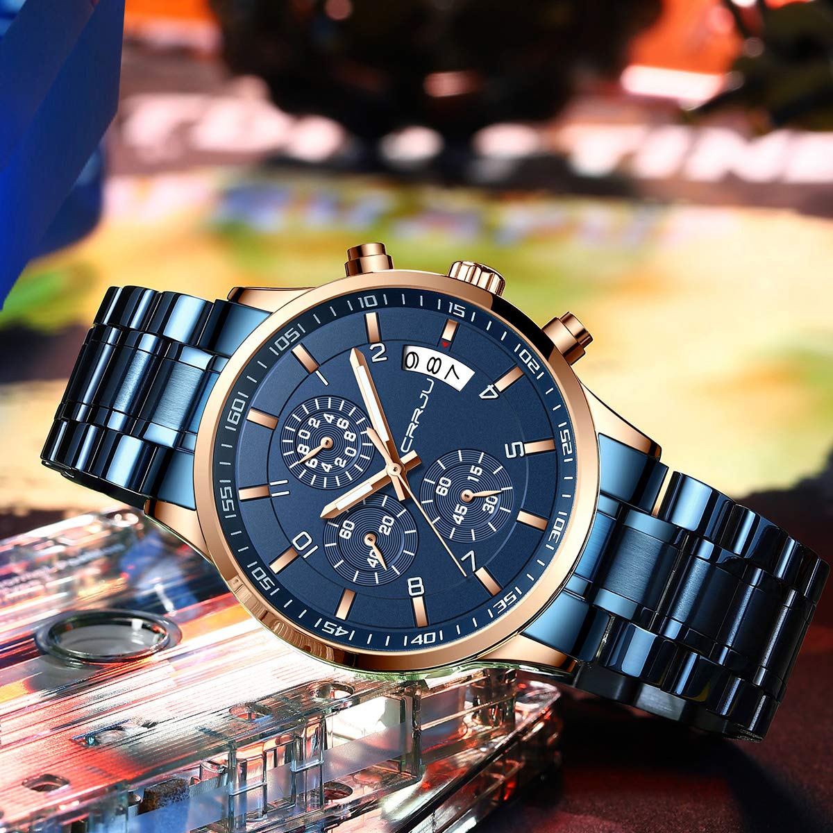 CRRJU Men's Fashion Stainless Steel Watches Date Waterproof Chronograph Wristwatches,Black Steel Band Waterproof Quartz Watch for Men