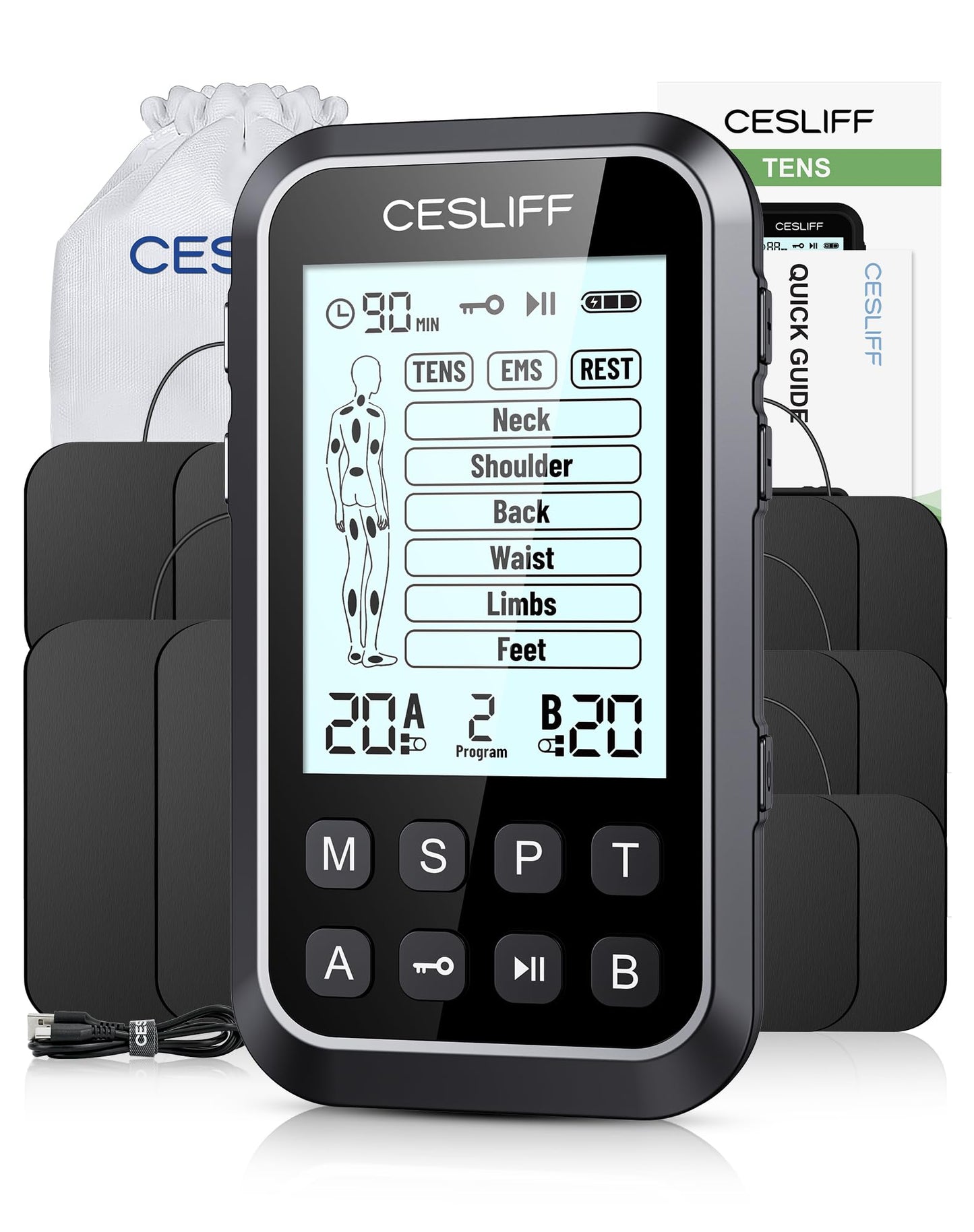 CESLIFF Dual Channel TENS Unit 3-in-1 Muscle Stimulator Machine with 36 Modes & 20 Levels for Shoulder, Back, Neck, Sciatica Pain Relief