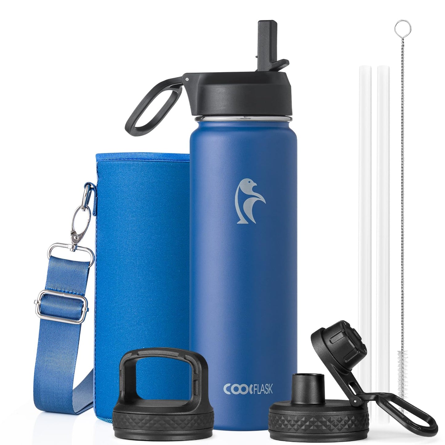 Half Gallon Water Bottle Insulated with Straw & 3 Lids, Coolflask 64 oz Water Jug Large Metal Stainless Steel Wide Mouth for Sports, Gym or Office, Non-BPA Keep Cold 48H Hot 24H, Samurai Cyan