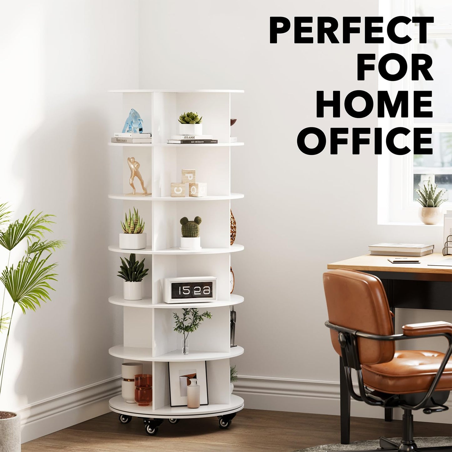 SpaceAid Spinning Shoe Rack with Wheels, 7 Tier Rotating Organizer Shoe Tower Lazy Susan with Thick Bottom, 360 Display Revolving Storage Shelf, Round Circular Rotate Organization, White