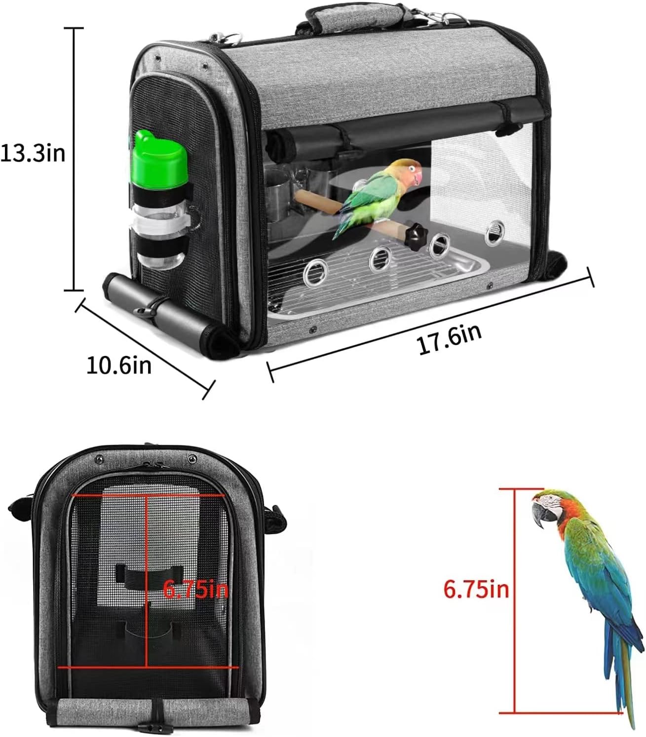 Bird Carrier Bag with Stand, Lightweight Backpack for Parrot, Portable Cockatiel Travel Cage with Accessories, Pet Transparent Breathable Carrier, Gray