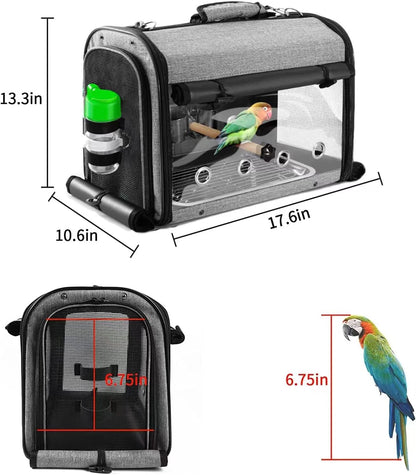 Bird Carrier Bag with Stand, Lightweight Backpack for Parrot, Portable Cockatiel Travel Cage with Accessories, Pet Transparent Breathable Carrier, Gray