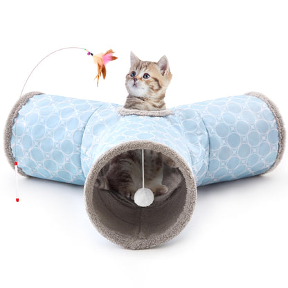 Tempcore Pet Cat Tunnel Tube Toys 3 Way Collapsible, Tunnels for Indoor Cats, Interactive Tube with Teaser Wand, Peek Holes & Hanging Ball, Black & Blue