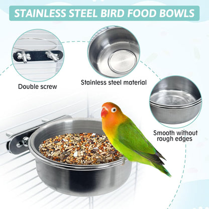 PINVNBY Parrot Feeding Cups Birds Food Dish Stainless Steel Parrot Feeders Water Cage Bowls with Clamp Holder for Cockatiel Conure Budgies Parakeet Parrot Macaw Small Animal Chinchilla Pack of 2
