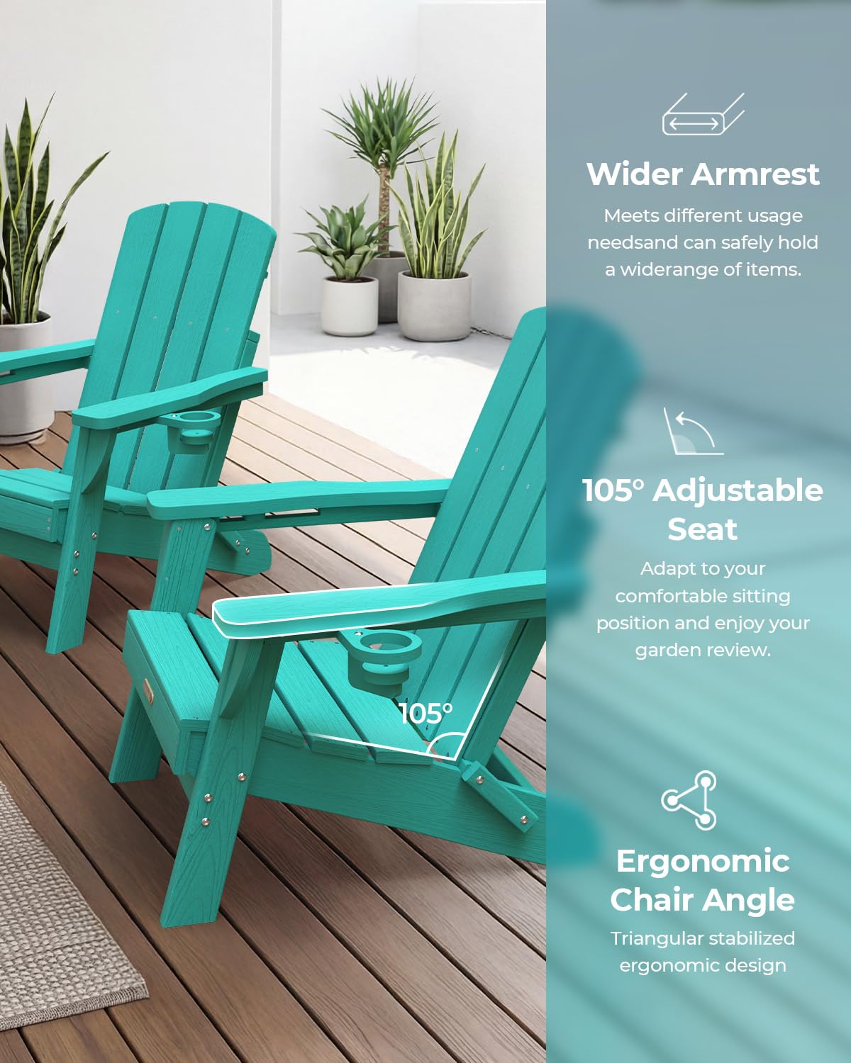 Folding Adirondack Chair, HDPE Adirondack Chairs with 2 Cup Holder, Plastic All-Weather Fire Pit Chairs, Outdoor Lawn Chair for Patio Garden (Grey)