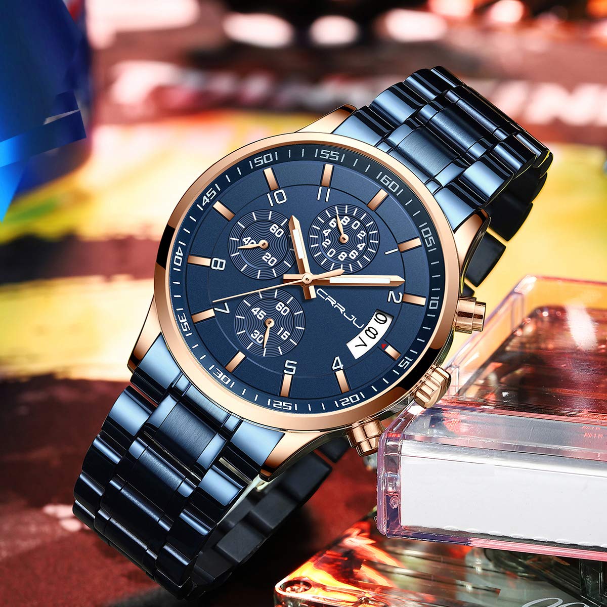 CRRJU Men's Fashion Stainless Steel Watches Date Waterproof Chronograph Wristwatches,Black Steel Band Waterproof Quartz Watch for Men