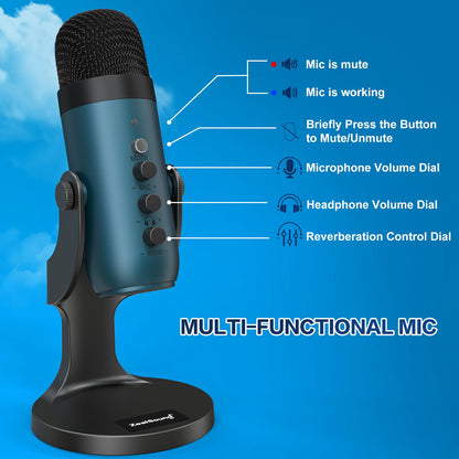 ZealSound Podcast Microphone for PC, Noise Cancellation USB Mic with Gain, Volume Adjustment & Mute Button, Monitoring & Echo, for YouTube, TikTok, Podcasting, Streaming, iPhone, iPad, Android, Mac