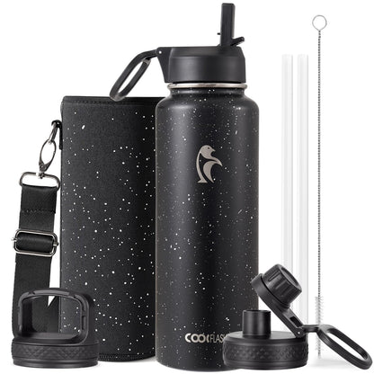 Half Gallon Water Bottle Insulated with Straw & 3 Lids, Coolflask 64 oz Water Jug Large Metal Stainless Steel Wide Mouth for Sports, Gym or Office, Non-BPA Keep Cold 48H Hot 24H, Samurai Cyan