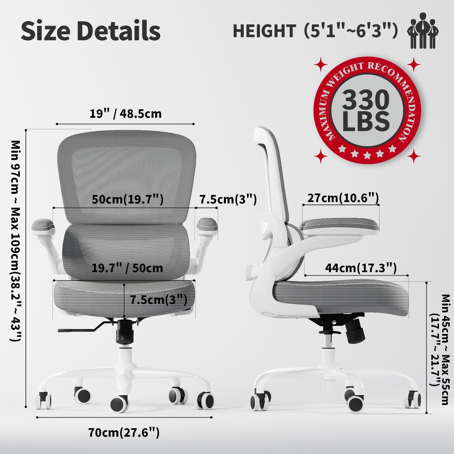 TRALT Ergonomic Office Chair - Desk Chair with Adjustable Lumbar Support Computer Chair - Mesh Comfy Chair with Flip-up Armrests - Gaming Chairs for Adults Home Office (Leather, White)
