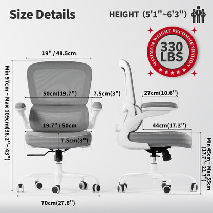 TRALT Ergonomic Office Chair - Desk Chair with Adjustable Lumbar Support Computer Chair - Mesh Comfy Chair with Flip-up Armrests - Gaming Chairs for Adults Home Office (Leather, White)