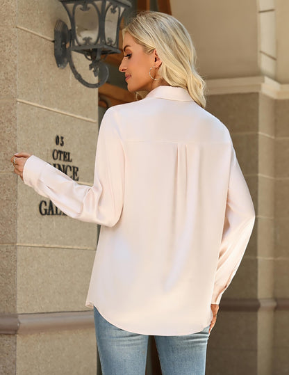 Zeagoo Womens Tops Satin Blouse Long Sleeve Shirts V Neck Dressy Casual | Button Down Business Outfits Fall Fashion With Pockets
