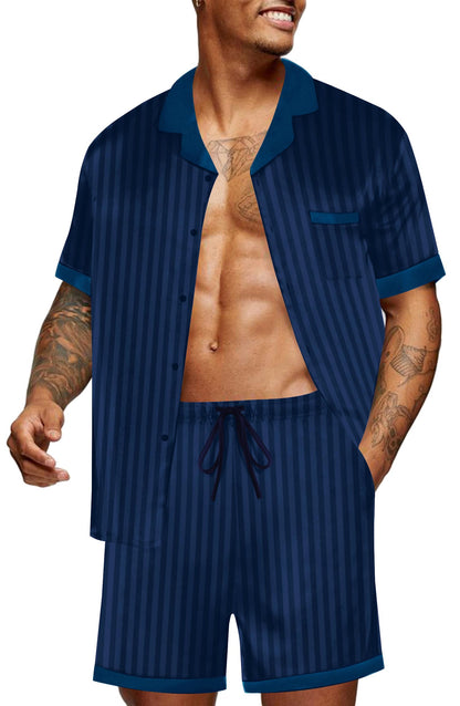 Ekouaer Men Satin Silk Pajamas Set with Pockets Sleepwear Shorts Satin Summer Loungewear 2 Piece Button Down Set S-3XL