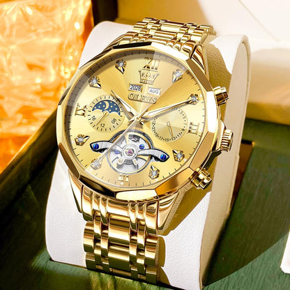 OLEVS Skeleton Men Watches Automatic Business Luxury Diamond Self Winding Watch for Men Stainless Steel Calendar Wrist Watch