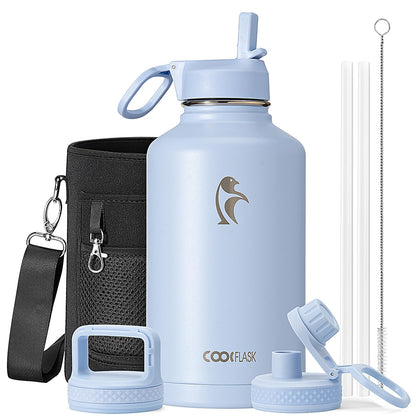 Half Gallon Water Bottle Insulated with Straw & 3 Lids, Coolflask 64 oz Water Jug Large Metal Stainless Steel Wide Mouth for Sports, Gym or Office, Non-BPA Keep Cold 48H Hot 24H, Samurai Cyan