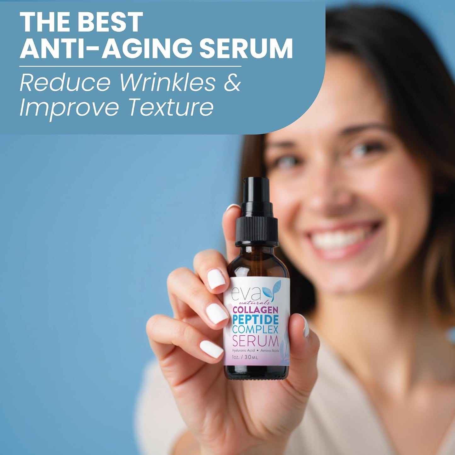 Collagen Serum for Face by Eva Naturals - Anti Aging Multi Peptide Face Serum with Hyaluronic Acid - Firming Hydrating Wrinkle Reducer Peptide Serum for Women & Men - Fragrance Free 2 oz