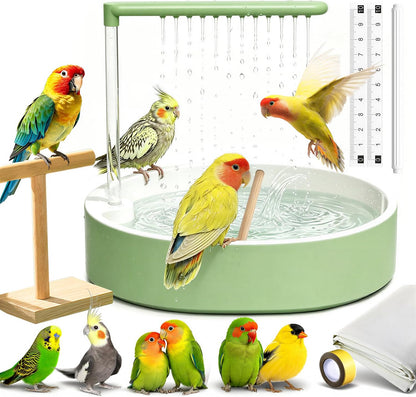 Bird Shower Bath Set for Budgies, Cockatiels & Small Parrots, Indoor Bird Bath Shower with Waterproof Splash Mat, Bird Perch Stand and Bath Accessories