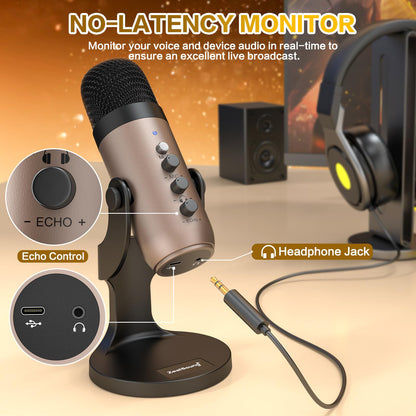 ZealSound Podcast Microphone for PC, Noise Cancellation USB Mic with Gain, Volume Adjustment & Mute Button, Monitoring & Echo, for YouTube, TikTok, Podcasting, Streaming, iPhone, iPad, Android, Mac