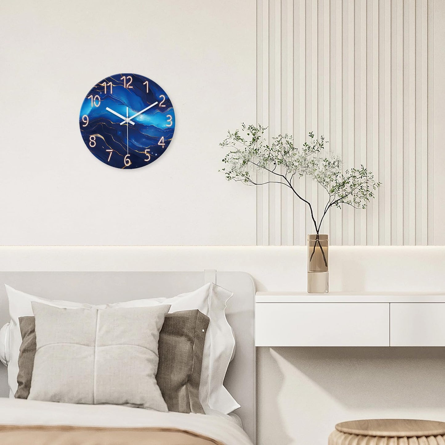 White Marble Glass Wall Clocks Battery Operated 12 Inch Abstract Decorative Analog Wall Clocks for Living Room Bedroom Office Silent Wall Clock Modern