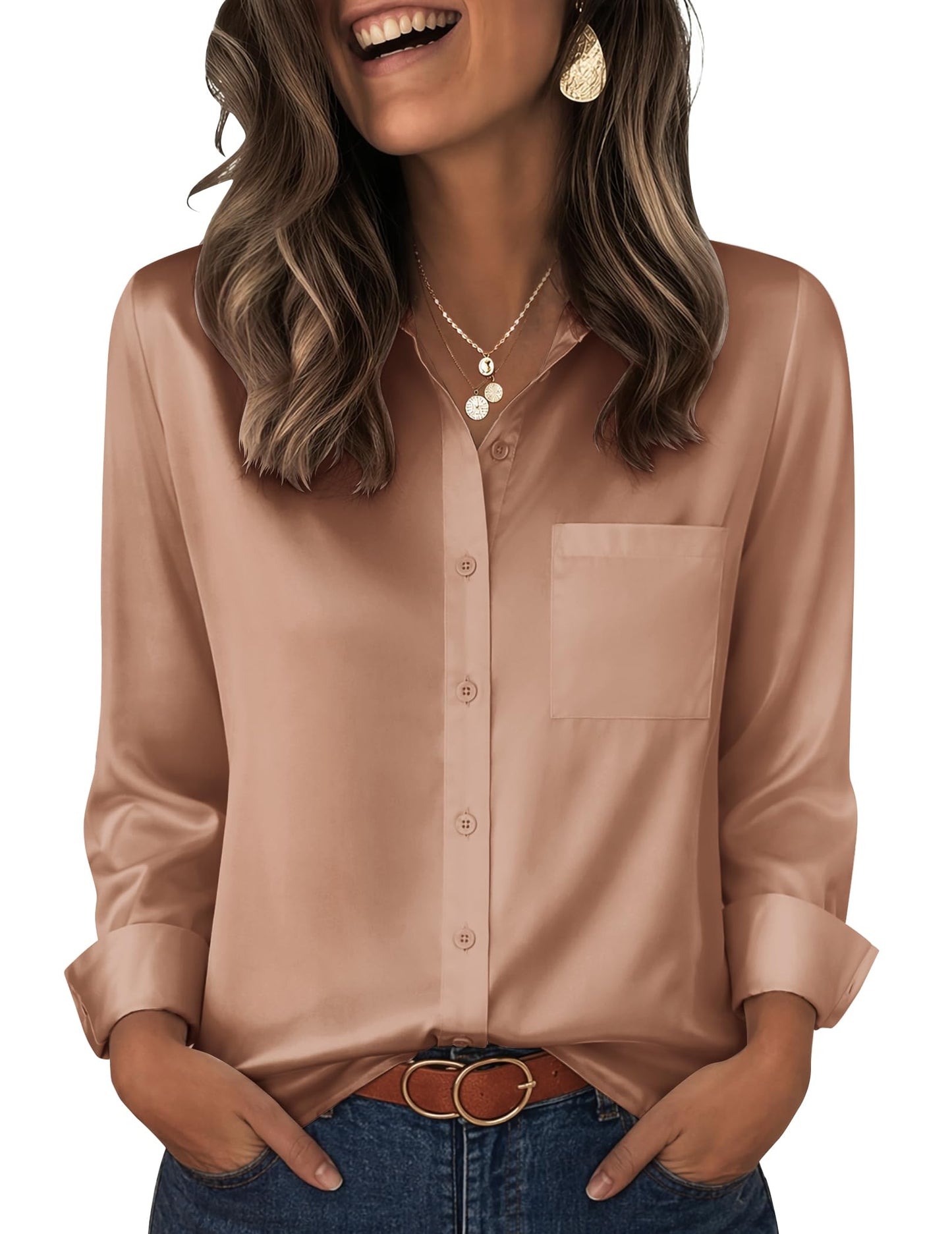 Zeagoo Womens Tops Satin Blouse Long Sleeve Shirts V Neck Dressy Casual | Button Down Business Outfits Fall Fashion With Pockets