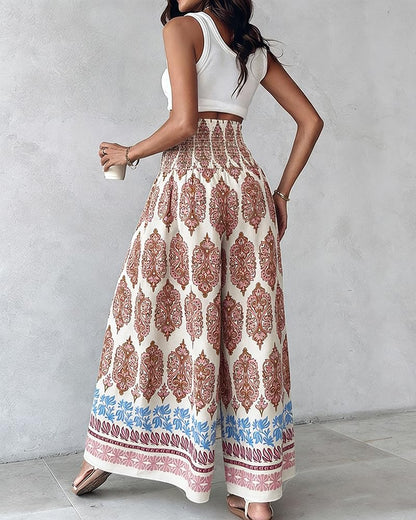 CHICME Boho Floral Shirred High Waisted Wide Leg Pants Flowy Palazzo Pants Summer Beach Vacation Wear