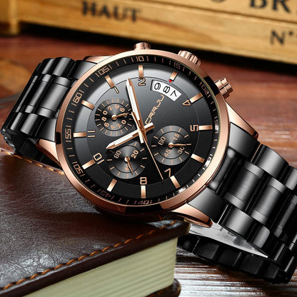 CRRJU Men's Fashion Stainless Steel Watches Date Waterproof Chronograph Wristwatches,Black Steel Band Waterproof Quartz Watch for Men