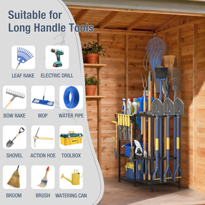 Garden Tool Organizer,Metal Yard Tool Organizer ,Holds 50 Long-Handled Tools/Rakes/Brooms,Side Garden Pocket ,Heavy Duty Steel Yard Tool Storage Rack for Garage,Shed, Outdoor