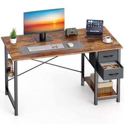 Sweetcrispy 47 Inch Computer Desk with Drawers for Home Office Writing Desk X Shaped Reinforcement Wood Surface Adjustable Position Modern Study Work Side Hook Metal Frame Storage Station Rust