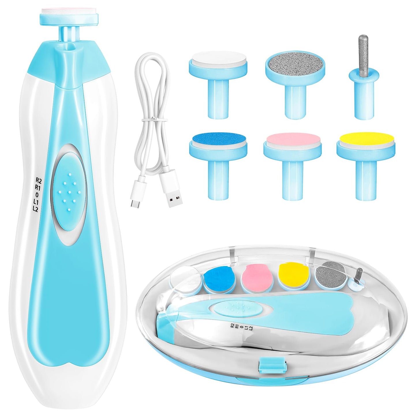 Electric Nail File Drill for Baby No Sharp Claws Hurt, 6 in 1 Safety Cutter Trimmer Clipper for Toes and Fingers (Blue)