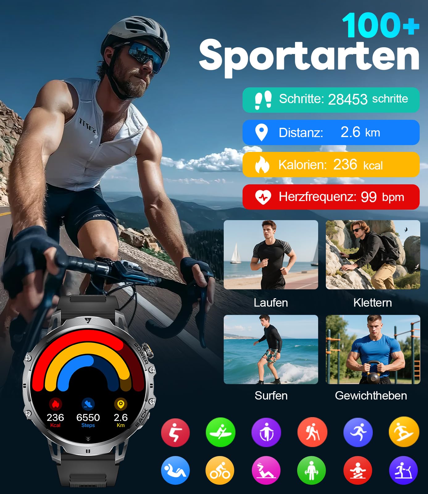 LIGE Military Smart Watches for Men(2 Bands),1000mAh/1.85" HD Large Screen Smartwatch, Flashlight/110+ Sports Modes/Sleep Monitor, Fitness Tracker Watch for Android iOS,Black