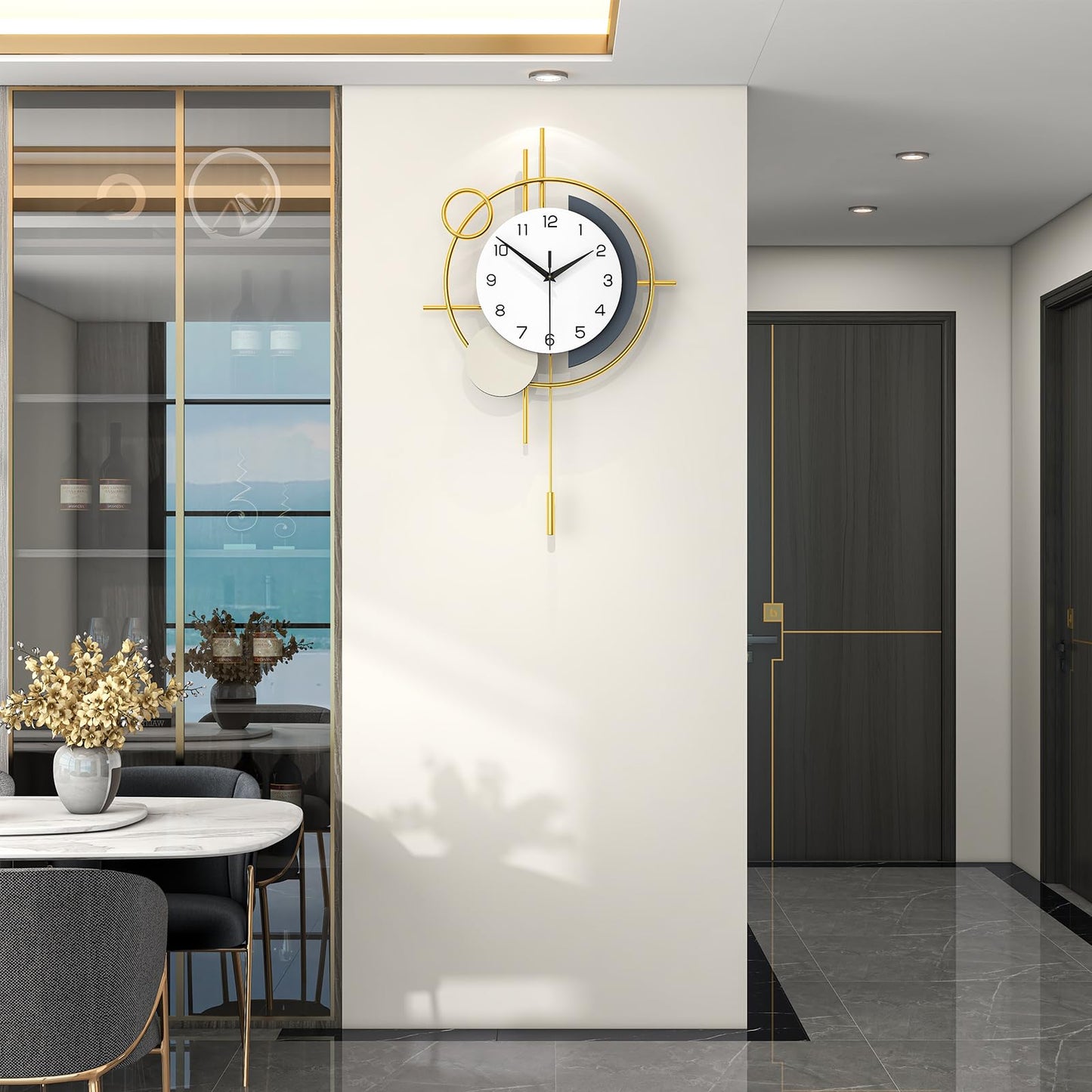 Wall Clock Decorative Large Modern Wall Clock Silent Non-Ticking Battery Operated Gold Unique Pendulum Clock for Living Room,Bedroom,Office,Kitchen,Bathroom,Wall Decor 13.8x21.9in