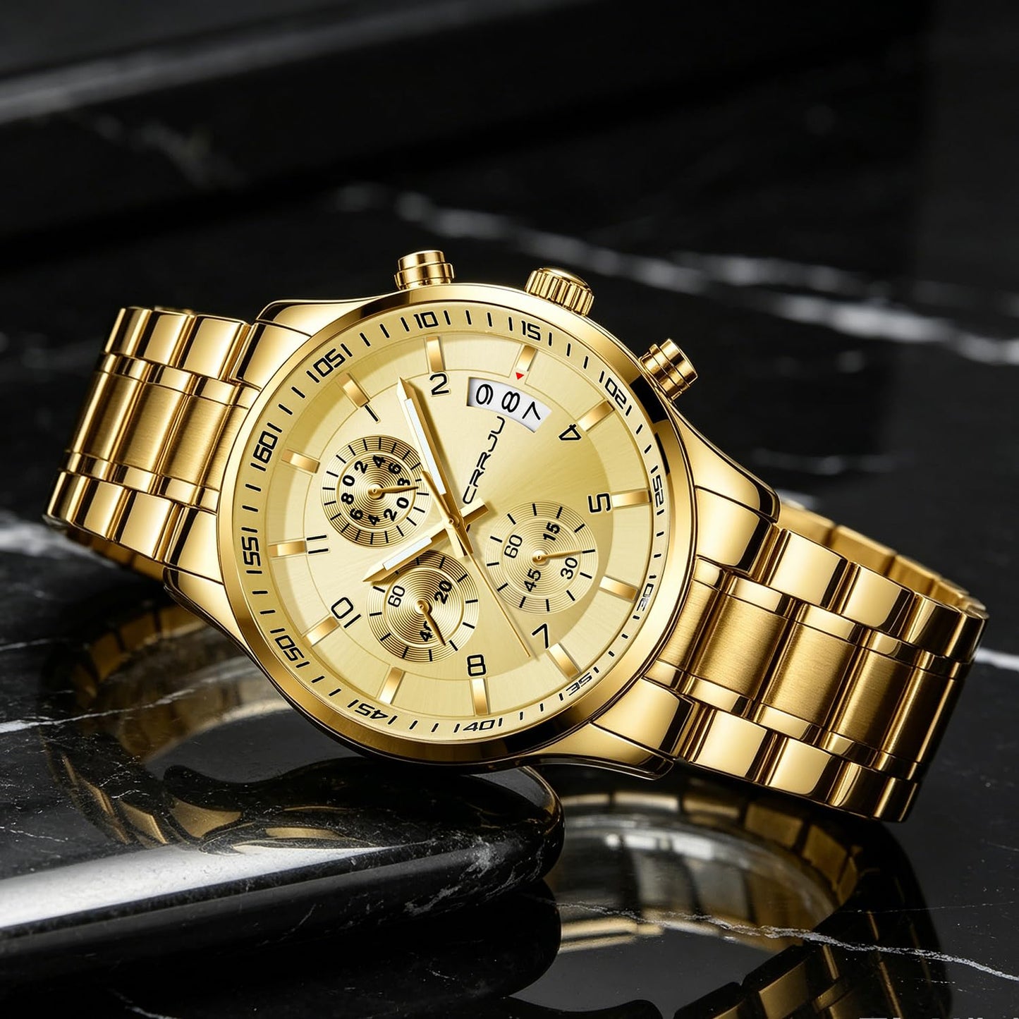 CRRJU Men's Fashion Stainless Steel Watches Date Waterproof Chronograph Wristwatches,Black Steel Band Waterproof Quartz Watch for Men