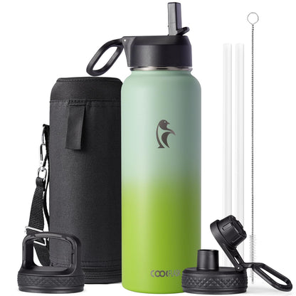 Half Gallon Water Bottle Insulated with Straw & 3 Lids, Coolflask 64 oz Water Jug Large Metal Stainless Steel Wide Mouth for Sports, Gym or Office, Non-BPA Keep Cold 48H Hot 24H, Samurai Cyan