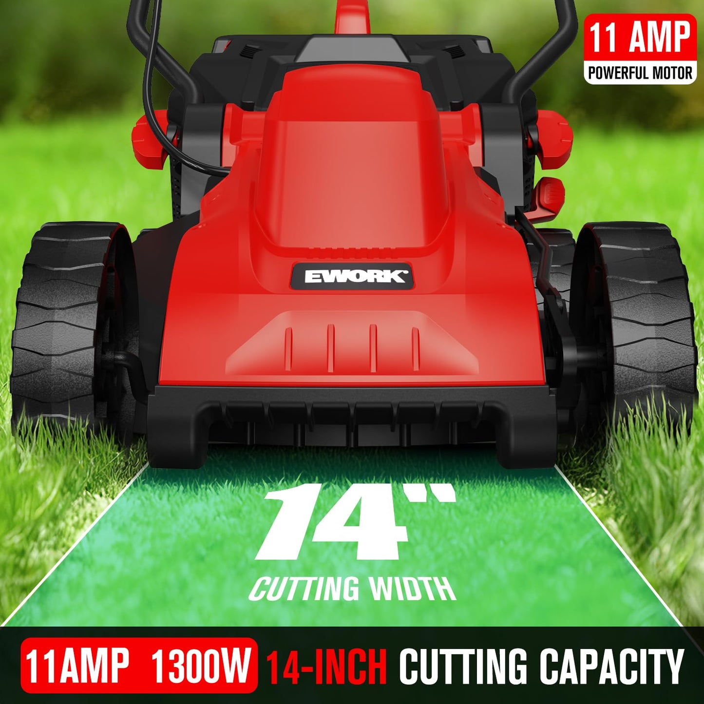 EWORK Corded Electric Lawn Mower 14-Inch, 11Amp Electric Push Mower with 30L Grass Catchers, 4-Height Adjustment, Lightweight Lawnmower for Garden, Yard