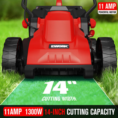 EWORK Corded Electric Lawn Mower 14-Inch, 11Amp Electric Push Mower with 30L Grass Catchers, 4-Height Adjustment, Lightweight Lawnmower for Garden, Yard
