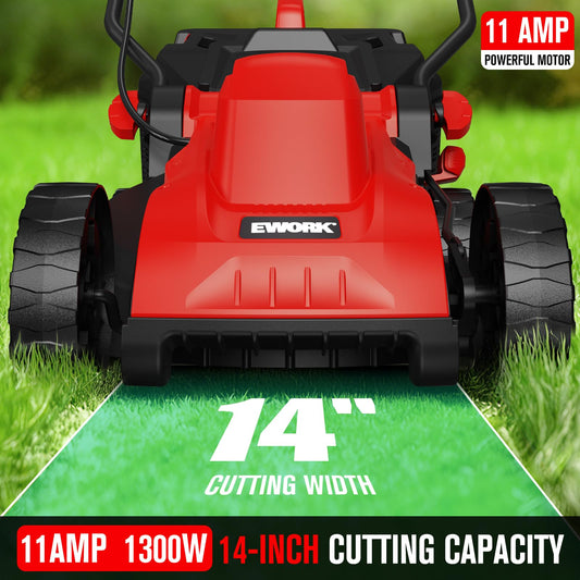 EWORK Corded Electric Lawn Mower 14-Inch, 11Amp Electric Push Mower with 30L Grass Catchers, 4-Height Adjustment, Lightweight Lawnmower for Garden, Yard