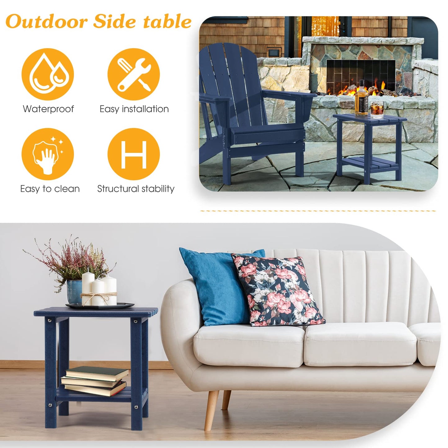Apolimi Adirondack Outdoor Side Table, 2-Tier Sturdy Patio End Table Weather Resistant, 16.5" Solid Side Table for Patio, Pool, Porch