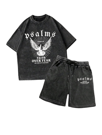 BEAUDRM Men's Y2k 2 Piece Vintage Outfits Punk Grunk Graphic Wash Short Sleeve T-Shirt and Drawstring Shorts Streetwear