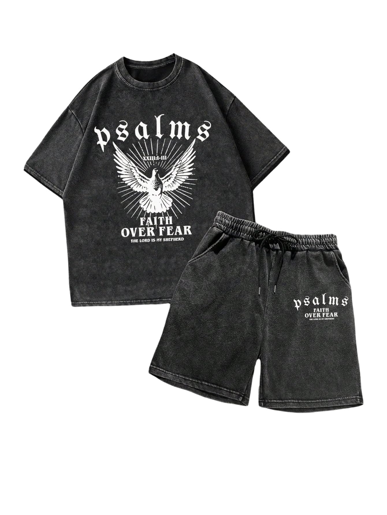 BEAUDRM Men's Y2k 2 Piece Vintage Outfits Punk Grunk Graphic Wash Short Sleeve T-Shirt and Drawstring Shorts Streetwear
