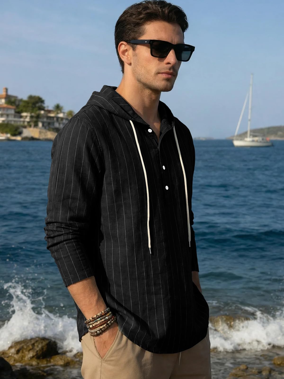 Mens Cotton Linen Hoodies Long Sleeve Button Down Shirts Casual Hawaiian Beach Yoga Sweatshirts