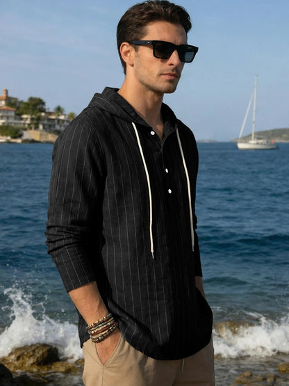 Mens Cotton Linen Hoodies Long Sleeve Button Down Shirts Casual Hawaiian Beach Yoga Sweatshirts