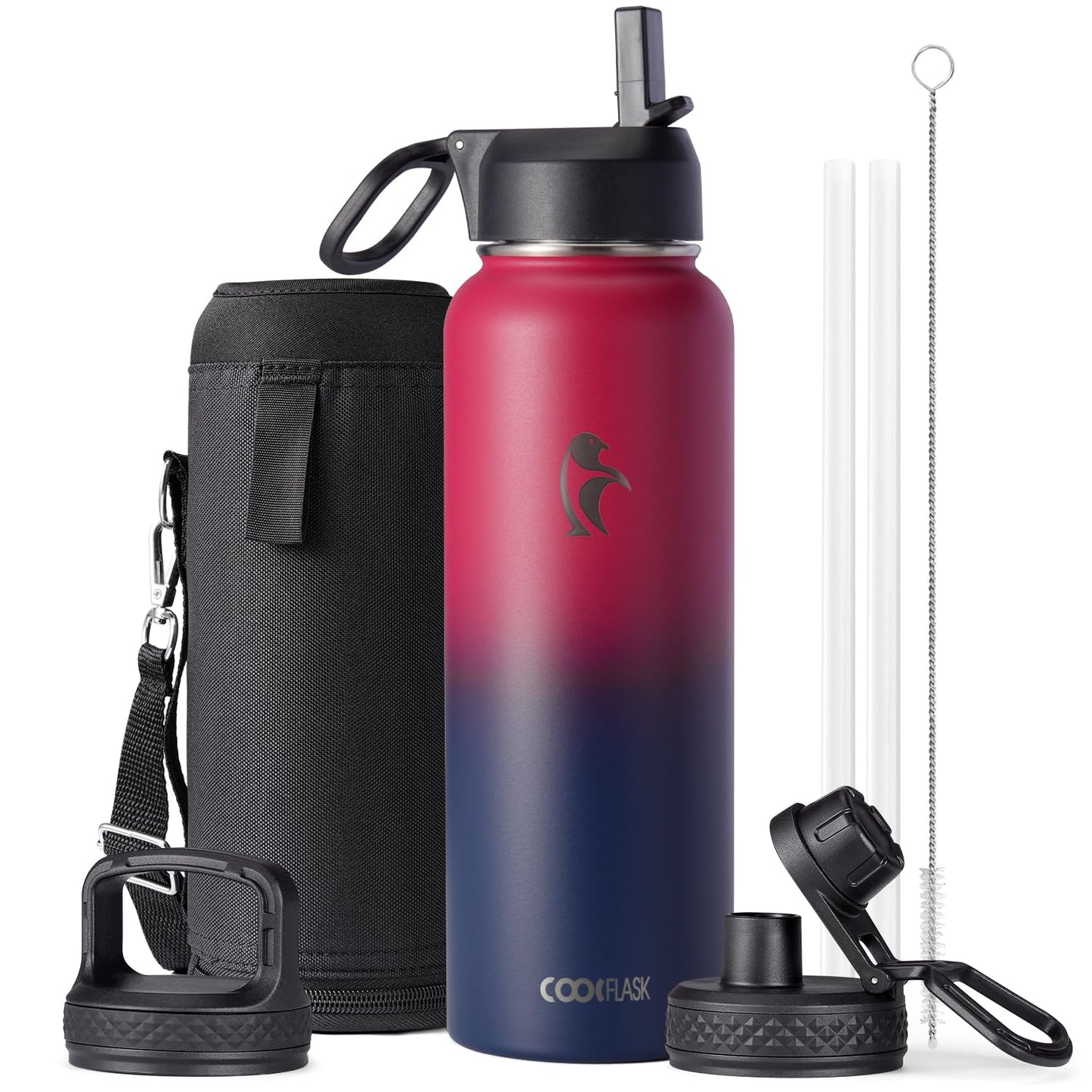 Half Gallon Water Bottle Insulated with Straw & 3 Lids, Coolflask 64 oz Water Jug Large Metal Stainless Steel Wide Mouth for Sports, Gym or Office, Non-BPA Keep Cold 48H Hot 24H, Samurai Cyan