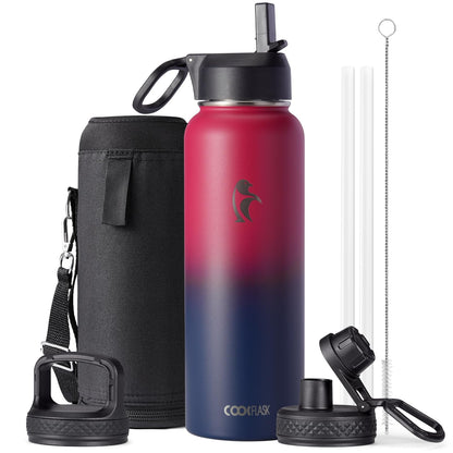 Half Gallon Water Bottle Insulated with Straw & 3 Lids, Coolflask 64 oz Water Jug Large Metal Stainless Steel Wide Mouth for Sports, Gym or Office, Non-BPA Keep Cold 48H Hot 24H, Samurai Cyan