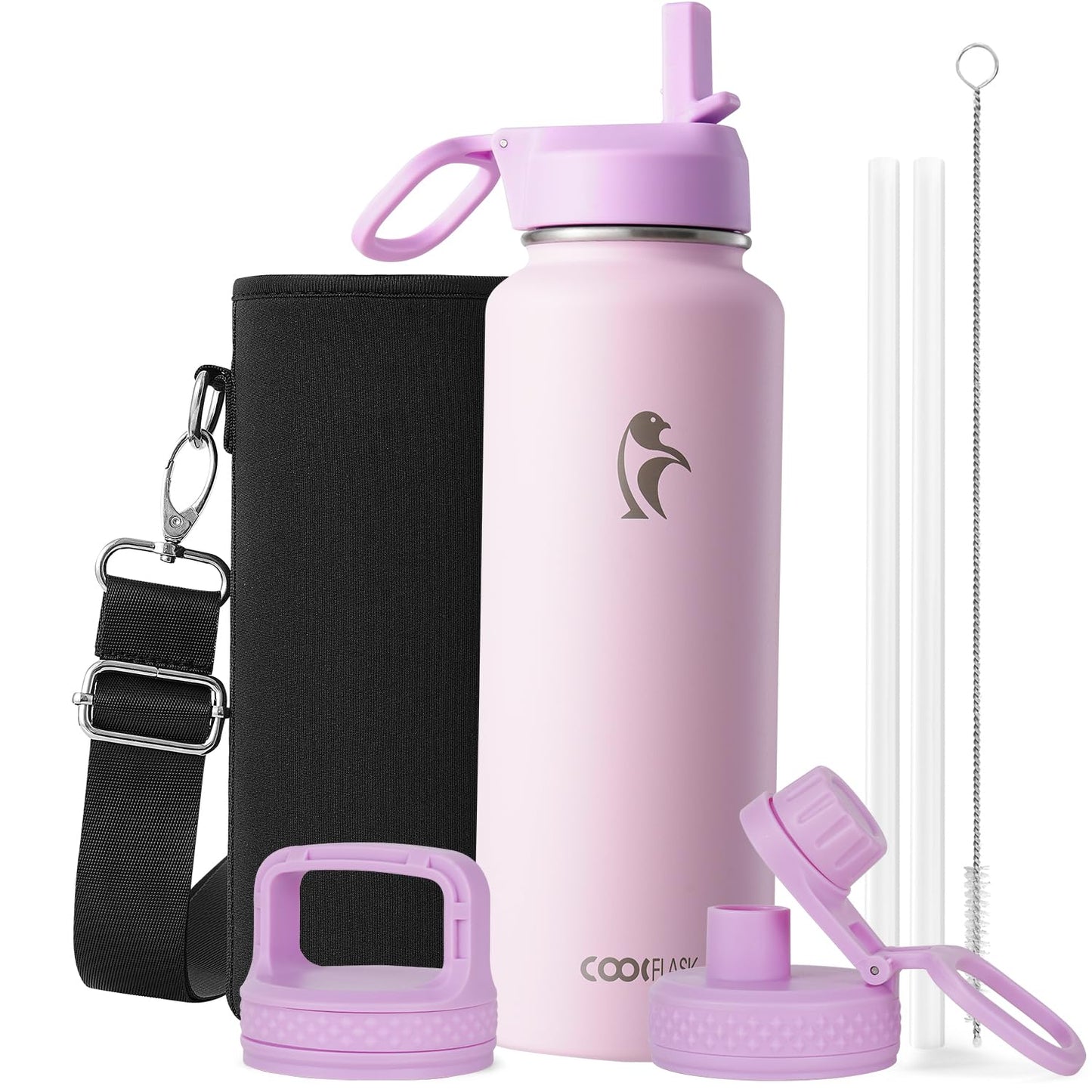 Half Gallon Water Bottle Insulated with Straw & 3 Lids, Coolflask 64 oz Water Jug Large Metal Stainless Steel Wide Mouth for Sports, Gym or Office, Non-BPA Keep Cold 48H Hot 24H, Samurai Cyan