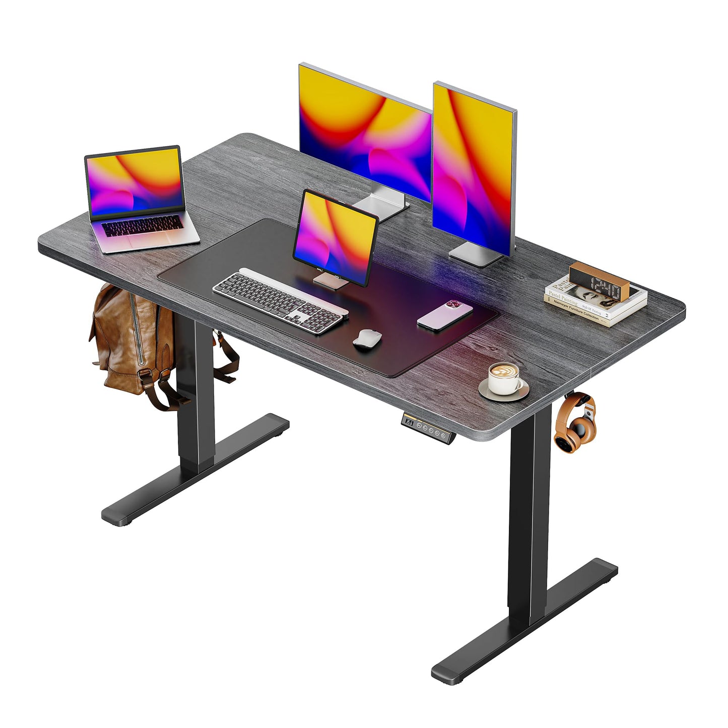 Huuger 55 x 28 Large Electric Standing Desk, Height Adjustable Computer Desk, 27.6" Deep Desktop, Stand up Gaming Office Table with 2 Hooks, 3 Preset Heights, for Home Office, Black