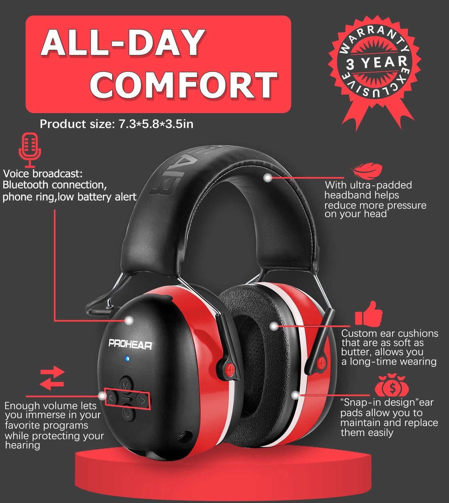 PROHEAR 037 Bluetooth 6.0 Hearing Protection Headphones with Rechargeable 1500mAh Battery, 30dB SNR Safety Noise Reduction Ear Muffs 120H Playtime for Mowing, Workshops, Snowblowing - Black