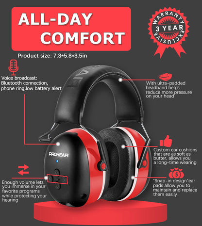 PROHEAR 037 Bluetooth 6.0 Hearing Protection Headphones with Rechargeable 1500mAh Battery, 30dB SNR Safety Noise Reduction Ear Muffs 120H Playtime for Mowing, Workshops, Snowblowing - Black