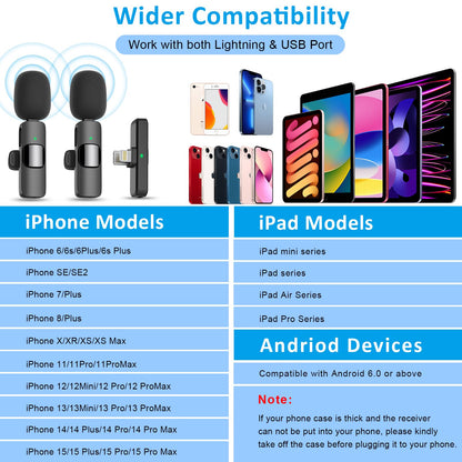 MAYBESTA Wireless Mini Microphone for iPhone, Android Phone - 2 Pack Lavalier Lapel Mic for Audio Video Recording - Clip on Content Creator Microphones for YouTube Tiktok Podcast Vlogging