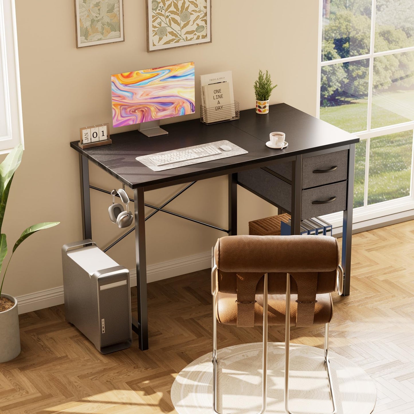 Sweetcrispy 47 Inch Computer Desk with Drawers for Home Office Writing Desk X Shaped Reinforcement Wood Surface Adjustable Position Modern Study Work Side Hook Metal Frame Storage Station Rust