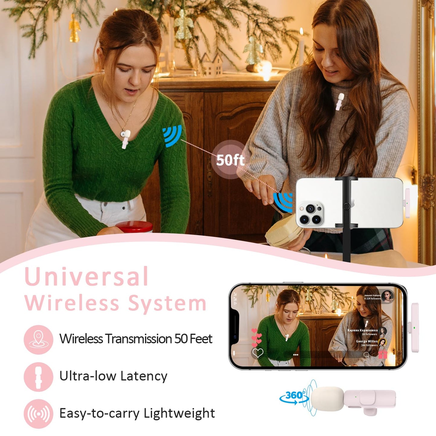 MAYBESTA Wireless Mini Microphone for iPhone, Android Phone - 2 Pack Lavalier Lapel Mic for Audio Video Recording - Clip on Content Creator Microphones for YouTube Tiktok Podcast Vlogging