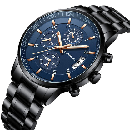 CRRJU Men's Fashion Stainless Steel Watches Date Waterproof Chronograph Wristwatches,Black Steel Band Waterproof Quartz Watch for Men